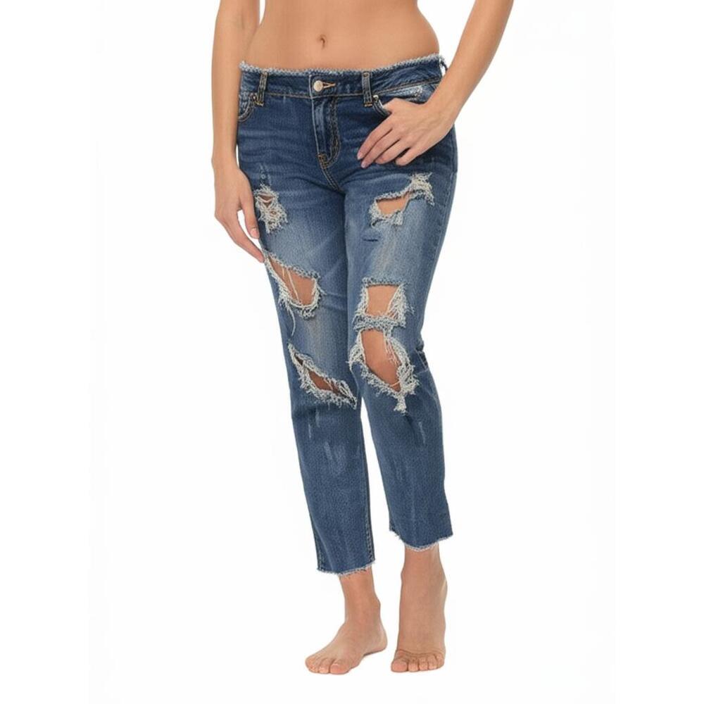 Between Us Jeans Size 3 Blue High Rise Distressed Ripped Fringe 90s Retro Boho